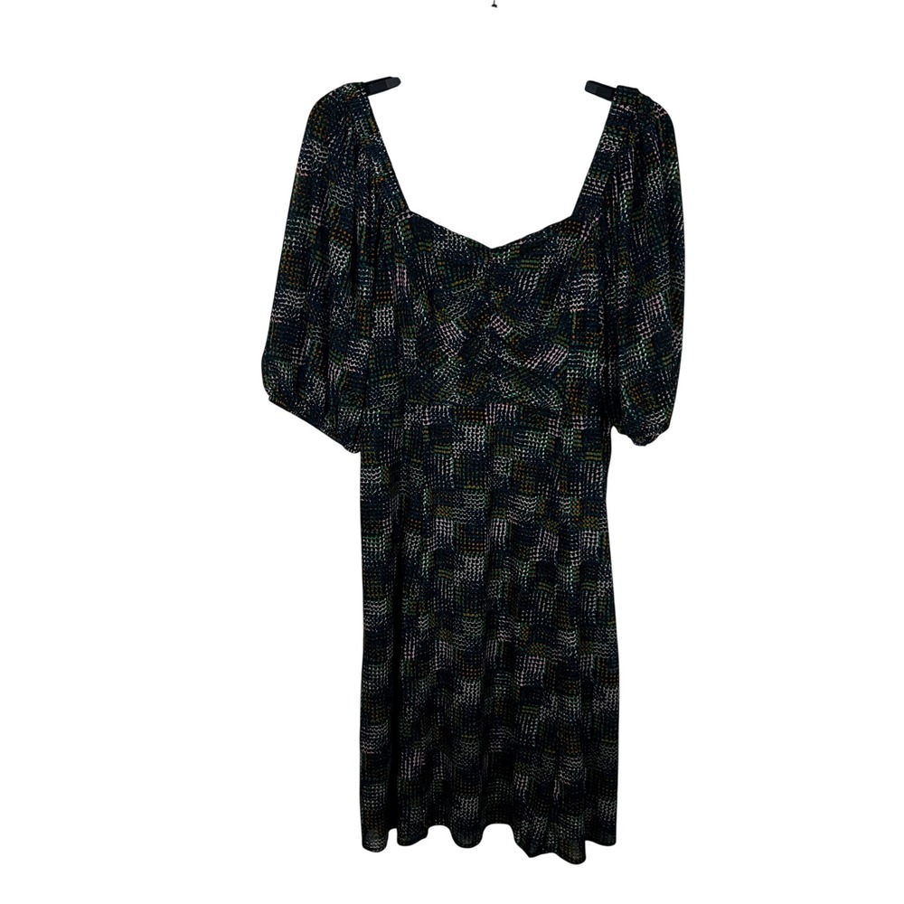 CAbi Smocked Mesh Dress Women Medium Abstract Dot Puff Sleeve Sweetheart Neck